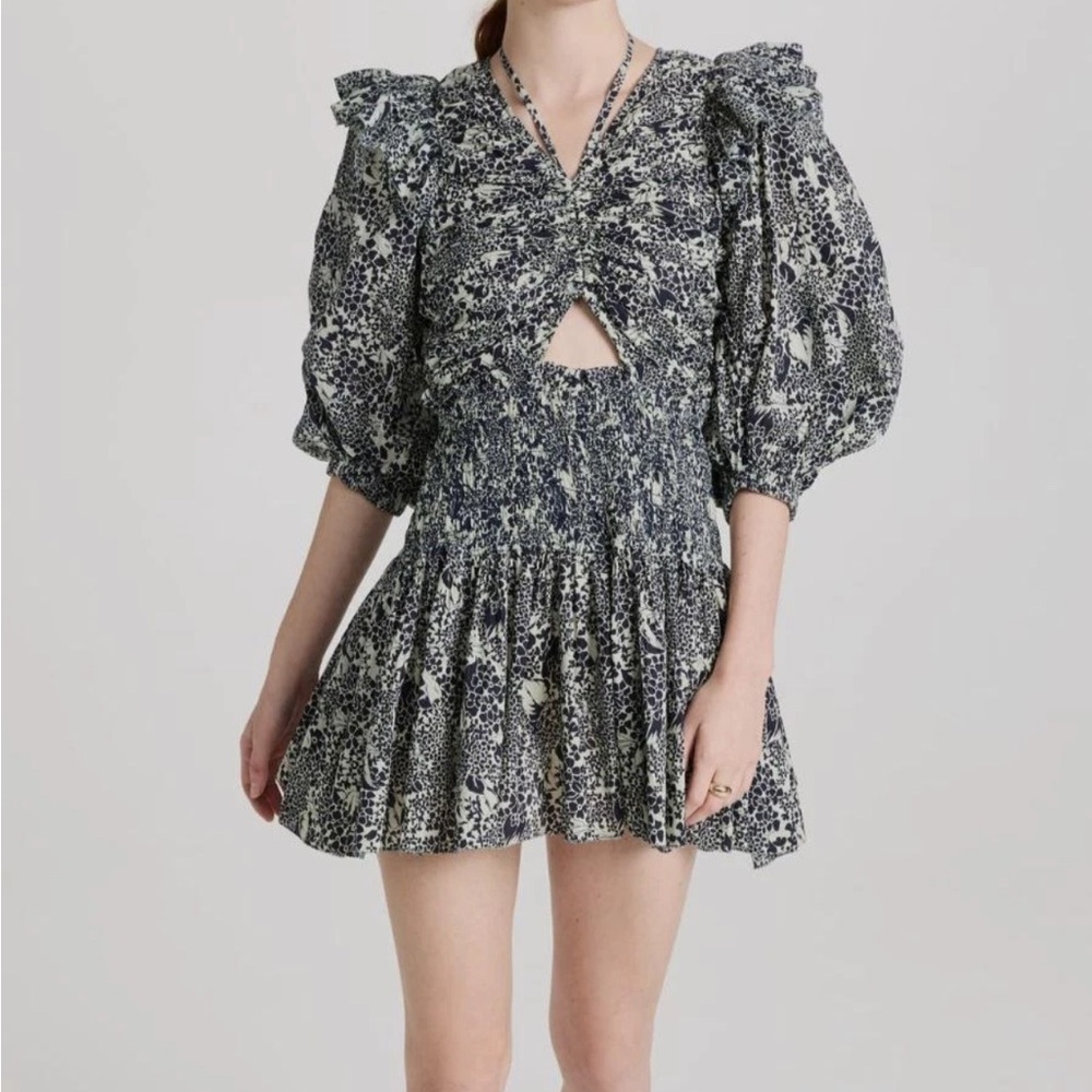 SEA Navy and White Patterned Priya Romper with Ruffle Details NWT 2